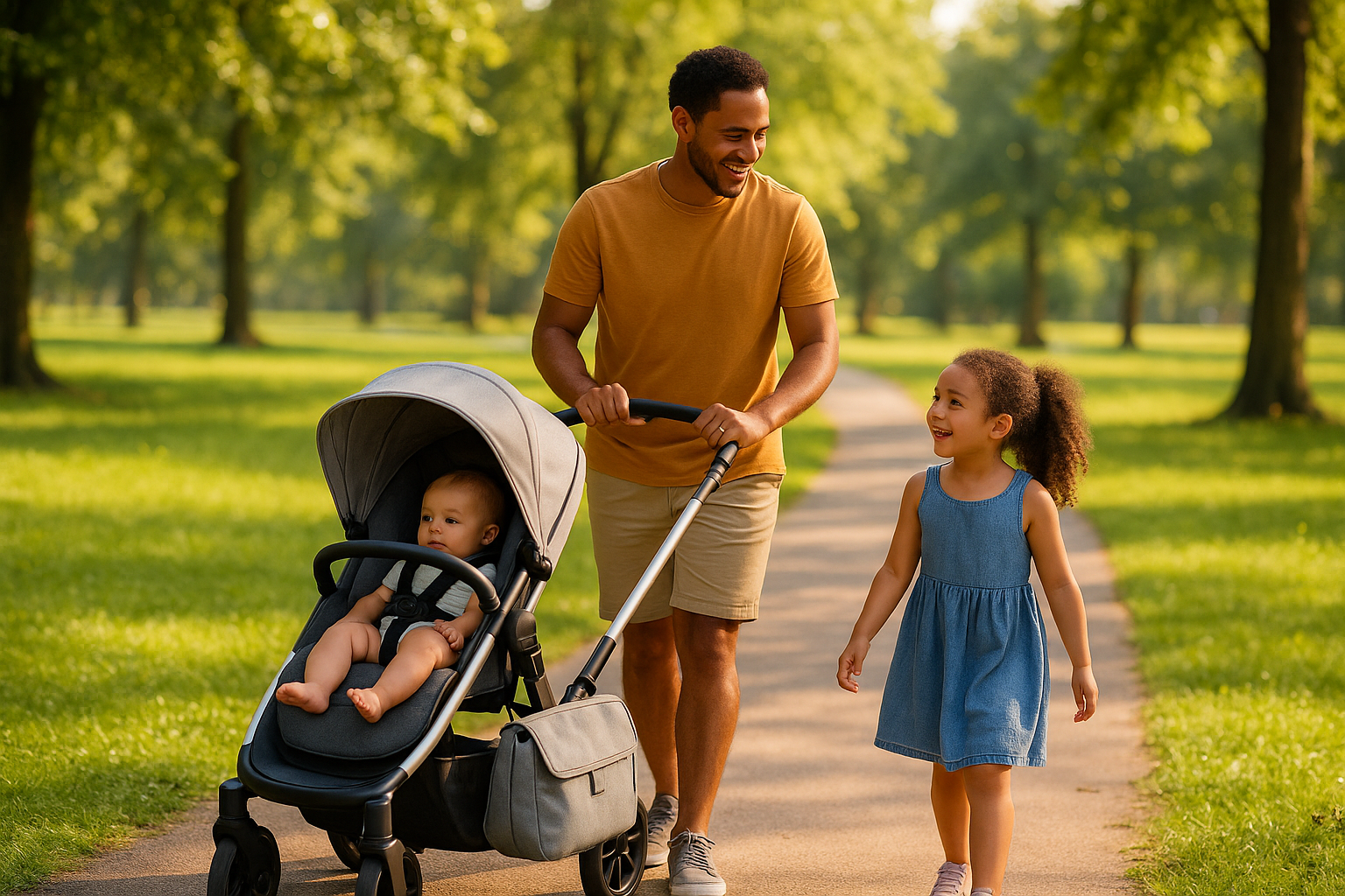 un papa métis balade son bébé  dans une poussette sur laquelle est accrochée un sac à langer de couleurs  gris argent dans un parc en été avec sa fillette de cinq ans qui marche à coté de lui en discutant avec lui 